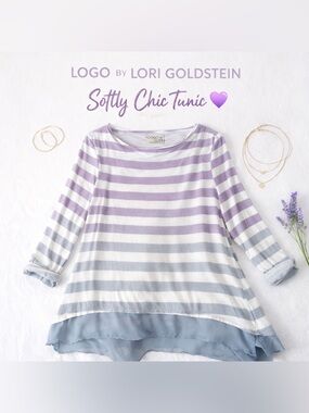 LOGO Lori Goldstein Striped Tunic Top Lavender Blue Layered Hem Size L